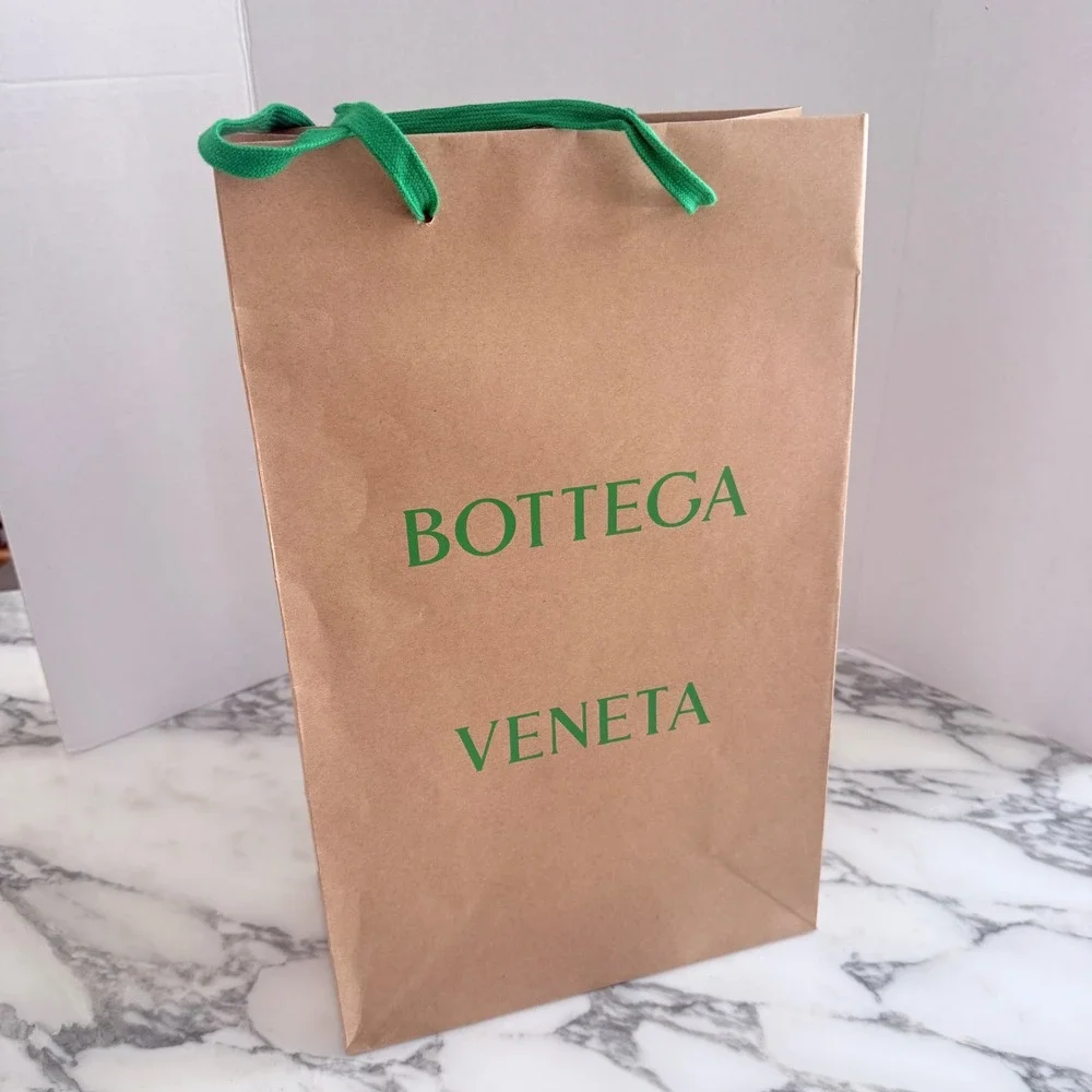 Bottega Veneta Paper Shopping Bag Medium Tan Green Logo Gift Bag 19x12x6